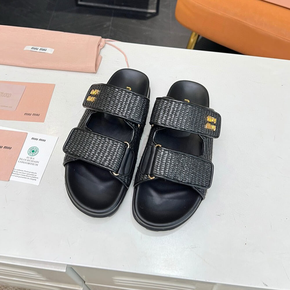 M1um1u Raffia-effect woven fabric slides