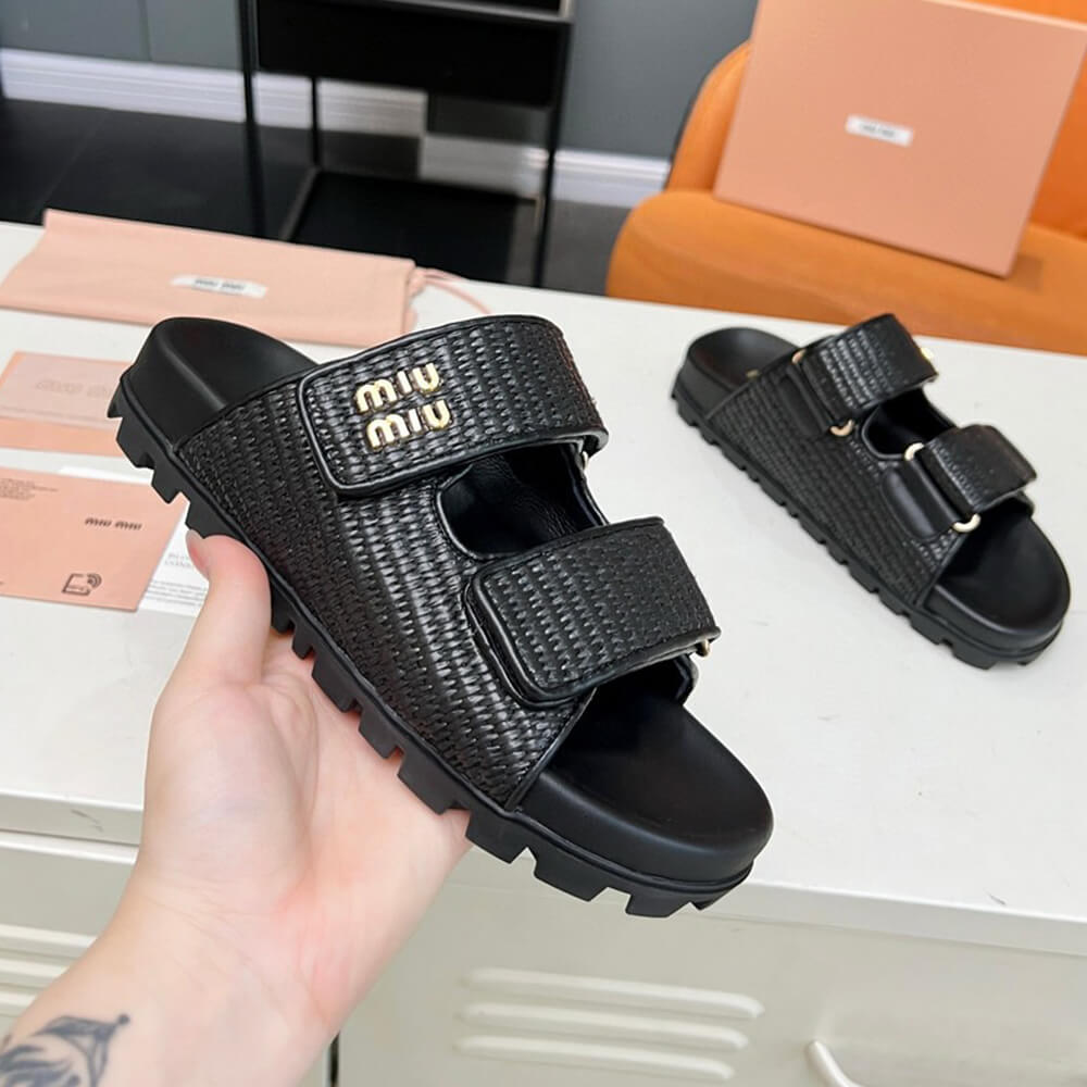 M1um1u Raffia-effect woven fabric slides
