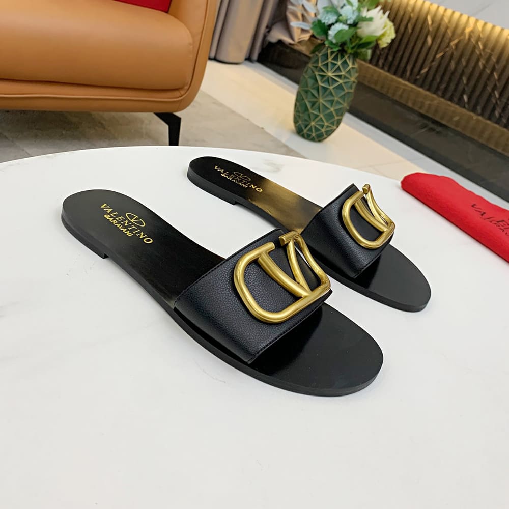 Va1e*ntin0 VLOGO SIGNATURE grained cowhide decorative elements slipper sandals (heel height 0.5 cm)