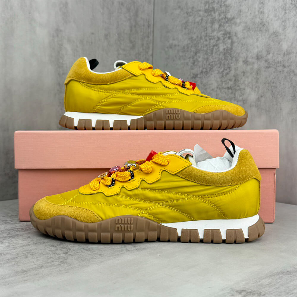 M1um1u Tyre technical fabric and suede sneakers