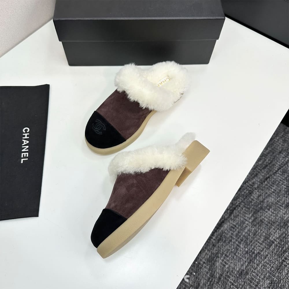 Ch**el Suede Shearling Mules
