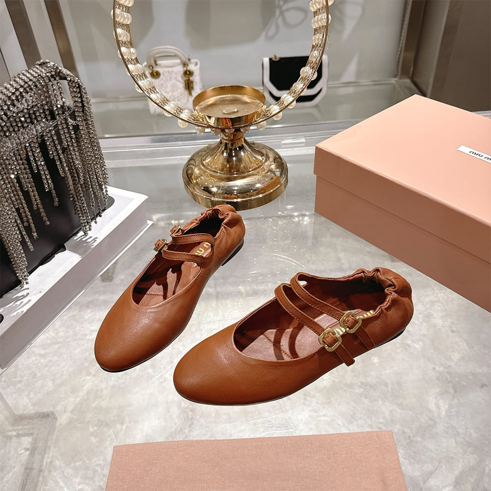 M1um1u Ruched Nappa Leather Ballet Flats (EU SIZE 35-41)